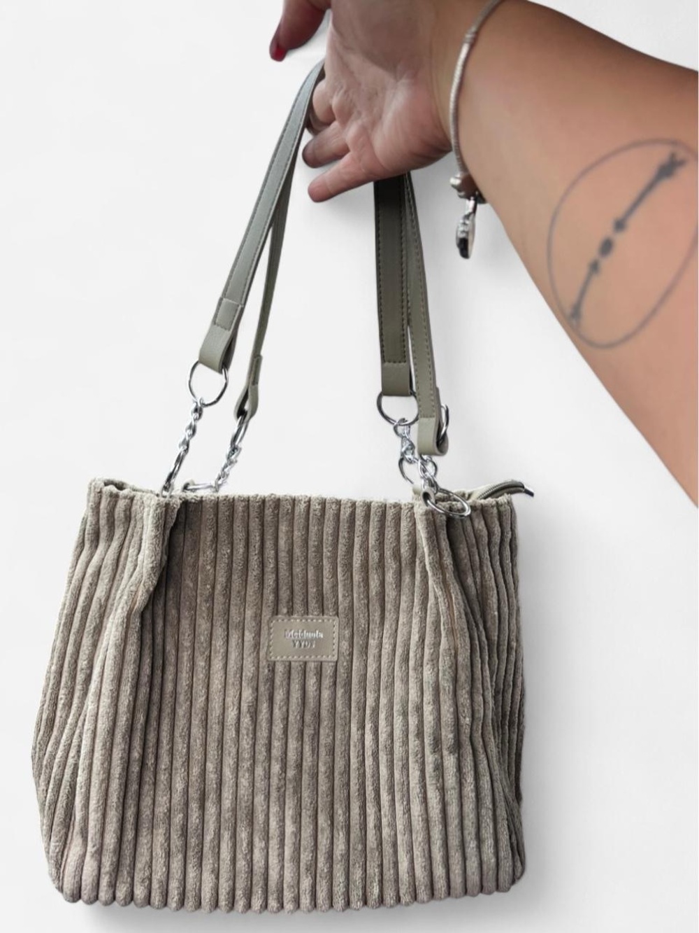 Source Unknown Taupe Corduroy Tote with Olive Straps